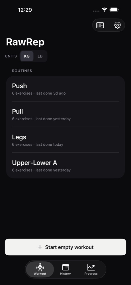 RawRep settings screen with no sign-in, showing units, rest timer and data export
