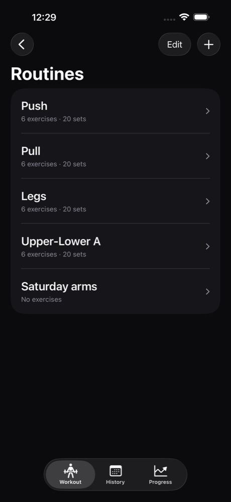 RawRep Home tab listing routines Push, Pull, Legs and Upper-Lower A