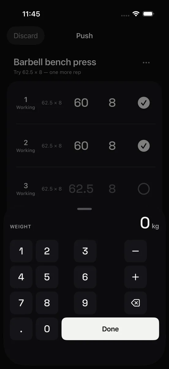 The RawRep weight keypad: large number keys with plus, minus and Done, filling the lower half of the screen.