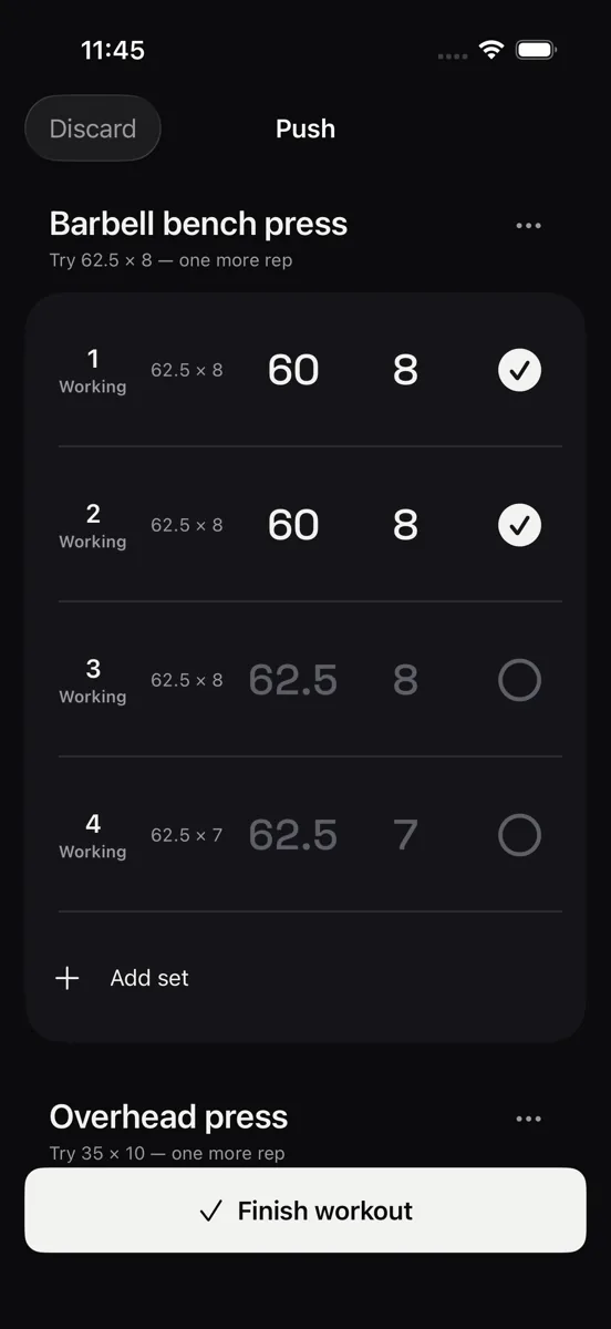 RawRep active workout screen: Barbell bench press with four set rows, two logged at 60 kg for 8 reps and two pending.